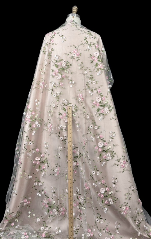 White/ Pink/ Green Embroidered Tulle — Mendel Goldberg Fabrics NYC
